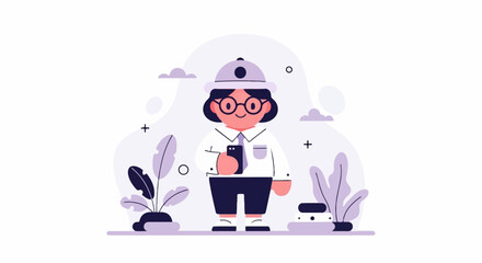 A cartoon character in a hat and glasses holds a smartphone, surrounded by plants