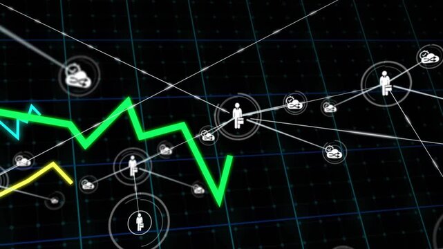 Green trend line entering left initiating node network growth, briefcase icons showing for business