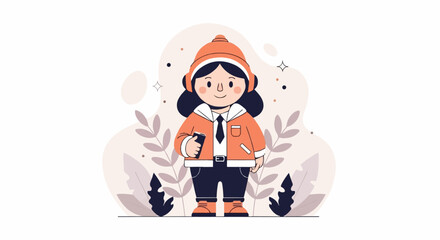 Obraz premium Cartoon character in orange coat and headphones holding a phone, with leaves and abstract shapes