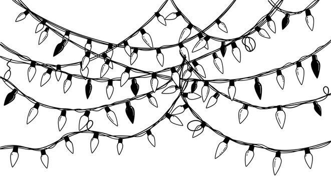 Black and white illustration of tangled christmas lights on a white background festive holiday decoration