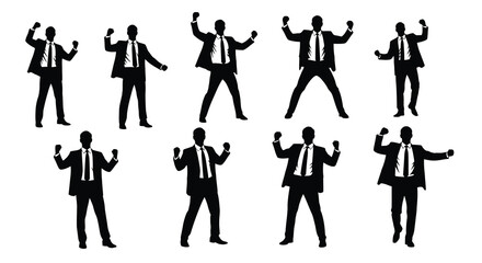 Fototapeta premium A collection of silhouetted businessmen celebrating with arms raised in various victorious and energetic poses against a white background