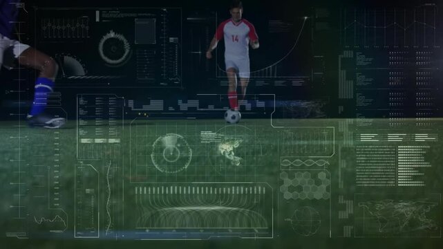 Red player dribbling causing blue player sliding tackle for ball sport HUD overlaying pitch helping