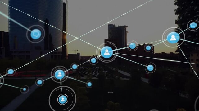 Animated network emerging from central glowing node over urban park, pulsing and mapping city tech