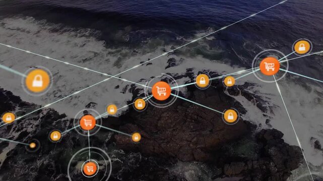 Single orange hub pulsing over waves, sending blue line growing cart-lock mesh mapping trade reach