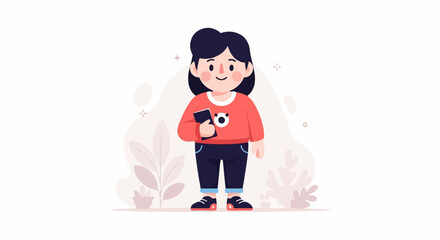 Obraz premium A stylized illustration of a child holding a smartphone, with decorative flora in the background