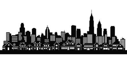 Fototapeta premium A striking black and white silhouette depicts a dense urban skyline with varied building heights and architectural styles high quality professional