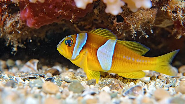 Bright yellow and white striped fish on rocky ocean floor