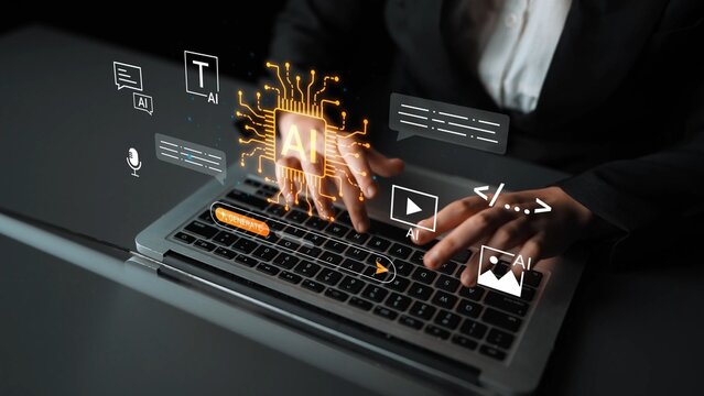 Hands typing on laptop with glowing AI icons, technology concept, digital transformation, innovation, modern workspace, artificial intelligence visuals Gluon.