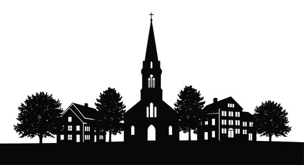 A striking black and white silhouette depicts a quaint european town featuring a prominent church steeple and surrounding buildings high quality © ArtBySalea07