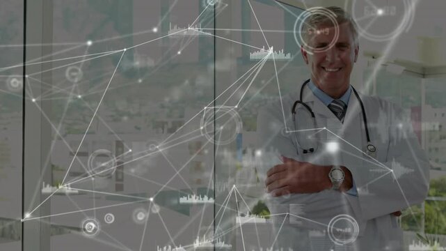Data overlay drifting doctor standing arms crossed revealing torso, face while showing medical data