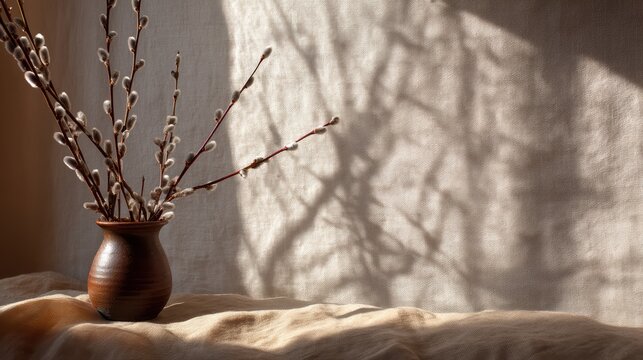 Linen cloth with pussy willow shadow pattern and clay vase background
