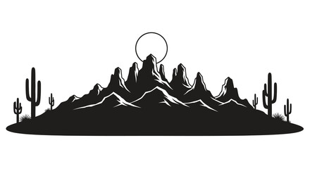 A striking black and white illustration depicts a desert landscape with cacti mountains and a prominent circular sun © ArtBySalea07