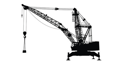 A stark silhouette of a large industrial crane is presented against a plain white background showcasing its complex structure © ArtBySalea07