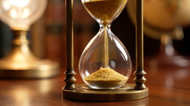 Closeup sand falling in hourglass standing at table in evening lit room. Macro view gold grains counting seconds inside elegant clock. Transparent timepiece showing time flowing. Classic decor concept