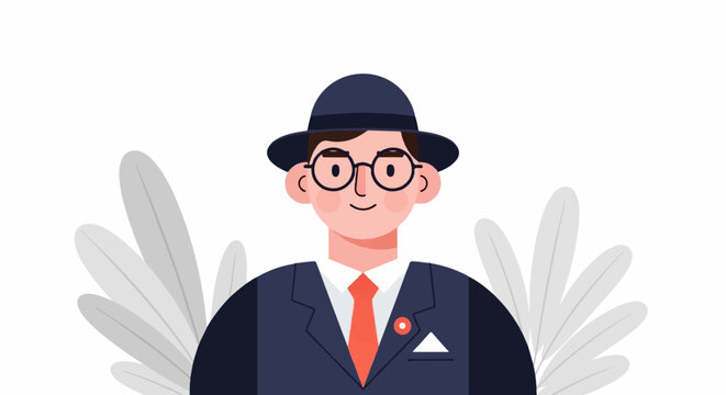 A stylized man in a dark suit, red tie, and hat stands against a white background