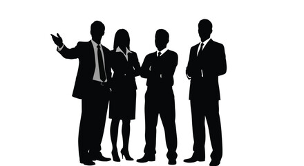 A silhouetted group of four business professionals stands together suggesting teamwork and corporate leadership in a modern context © ArtBySalea07