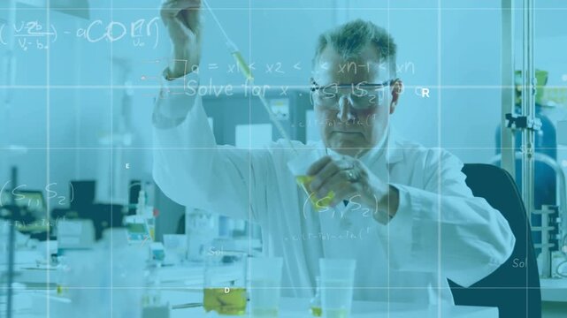 Lab tech pipetting yellow fluid into vessel for assay while grid overlay mapping over hands