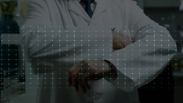 Senior doctor adjusting sleeves while left-entering ECG pulsing across chest, showing medical data