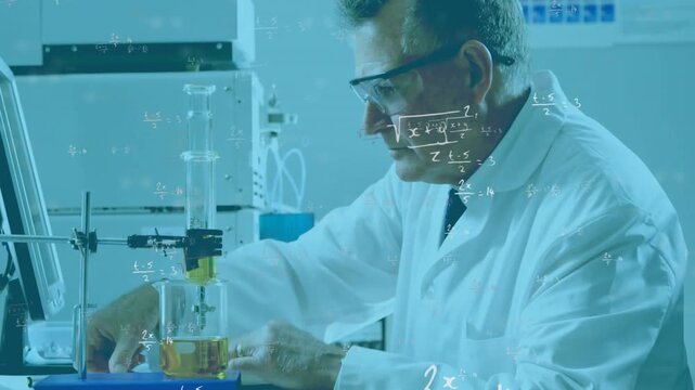 Lab scientist securing burette aligning pipette turning stopcock dispensing yellow liquid for data