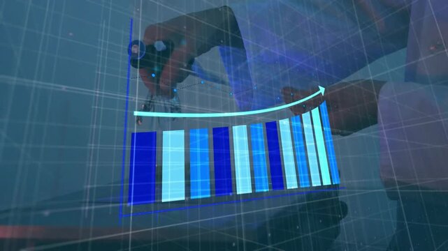 Technician hand lowering tool over lab pad, showing trend with holo blue bars and arrow forming