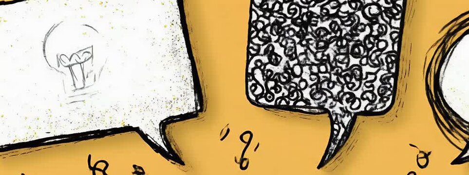 Three diverse speech bubbles with scribbled doodles scatter across a vibrant yellow background