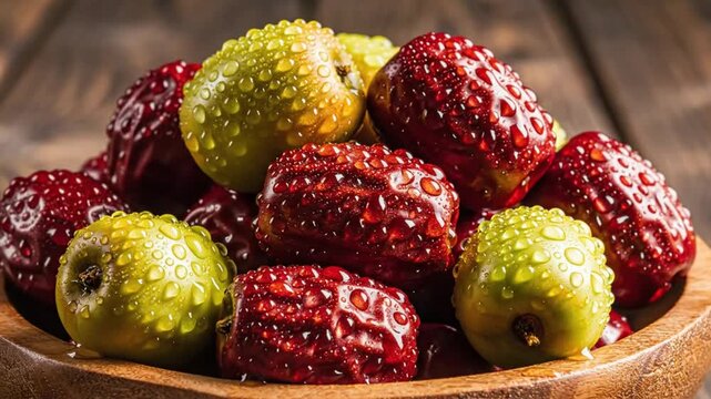 Close-up of fresh red and green jujube fruits with water droplets in a wooden bowl on a wooden surface