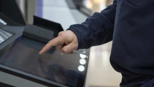 Hand operating bank ATM touchscreen banking terminal