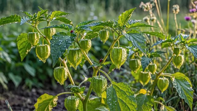 Closeup of a physalis plant with green lanterns, raindrops, and ladybugs growing in a garden during daylight