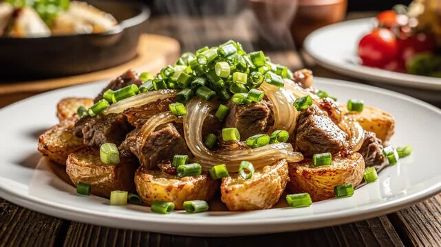 Savory steak and potato dish with caramelized onions and fresh chives plated for serving at a restaurant
