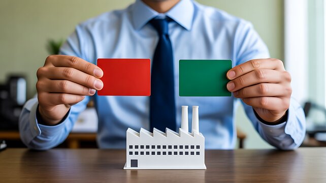 Businessman choosing between red and green option cards over factory model