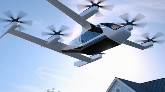 Tracking shot of evtol aircraft approaching and passing over suburban street during dusk landing approach
