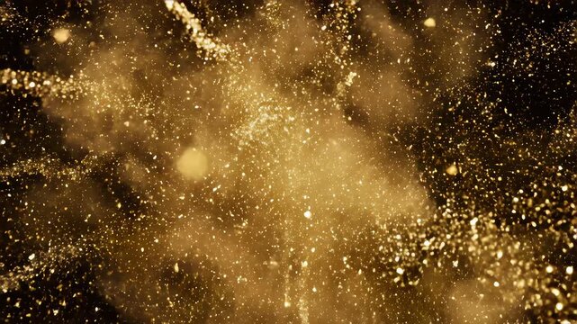 Gold Particle Trail Abstract Glitter Explosion on Black Background Video.