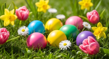 Vibrant easter eggs and spring flowers in lush green grass on a sunny day
