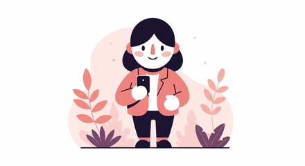 Cheerful person with dark hair in a pink jacket holds a smartphone