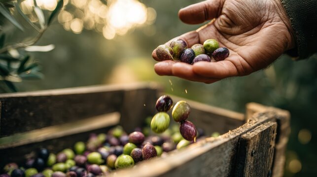Hand releasing olives in wooden crate amid grove foliage