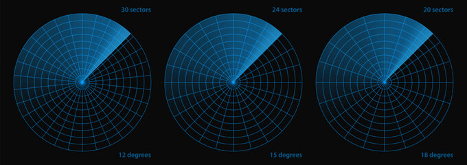Naklejka premium Military sonar in screen radar technology vector. Scan target bg for ship blue hud. Submarine compass data on army navy map signal. System sea search with light sound wave and boat naval defense