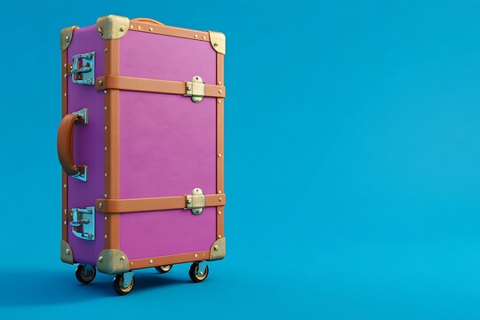 Vintage purple luggage suitcase with brown straps and metal fittings high resolution photo