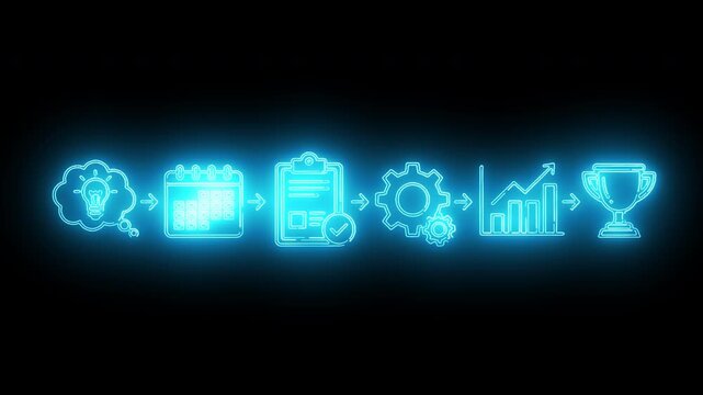 Glowing blue icons depicting business strategy and success on a black background with a white space below.