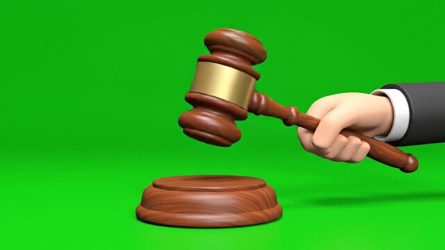 Cartoon judge hand with gavel striking wooden block on green screen background declaring a decision