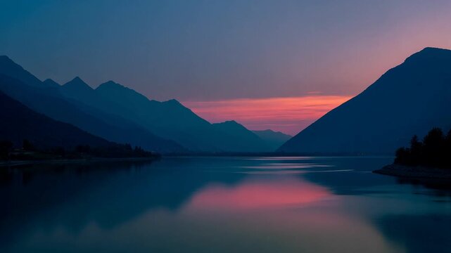 Tranquil mountain lake at dusk with vibrant sky reflections