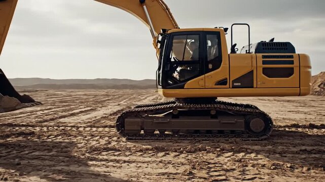 Yellow excavator on a construction site, working on the ground, preparing the area.