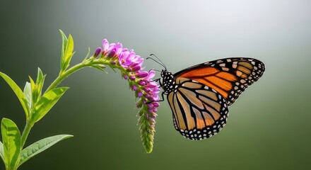 Obraz premium A monarch butterfly feeding on a purple flower with green leaves against a gradient background