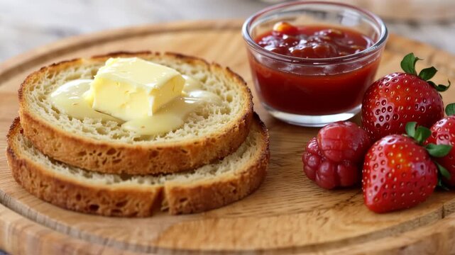 Butter melts over golden toast as strawberry jam spreads with berries