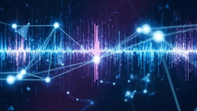 Abstract futuristic digital network with glowing blue nodes and connections.