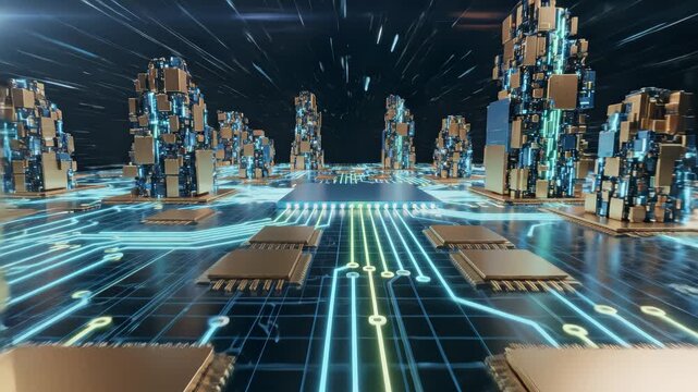 Abstract shapes forming circuit board design Technology, digital, futuristic, network, electronic, cyberspace circuit board. Digital technology background. copy space for text or logo. Development 3D