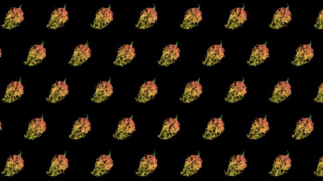 Geometric Mango Pattern on Dark Background, Animated Abstract Orange Yellow Tropical Fruit Motion Graphics Seamless Loop, 4K