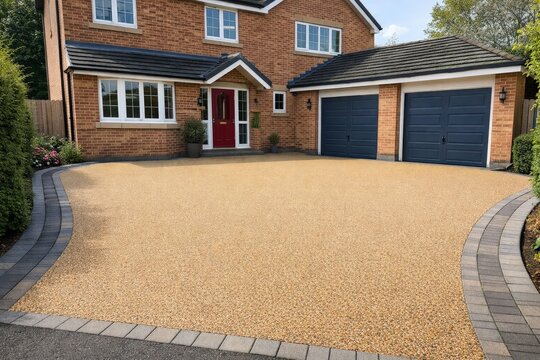 Newly installed resin bound driveway in front of a detached brick house with garage. Home exterior upgrade concept for landscaping, property improvement, construction and curb appeal