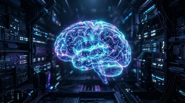 Futuristic Artificial Intelligence Digital Brain with Neural Network Glowing in High Tech Data Center Server Room