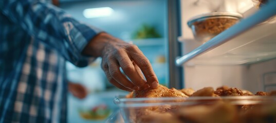 Adult Hand Placing Cooked Chicken in Refrigerator, Side-Angle View