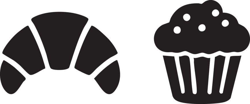 Black Silhouette Icons of Croissant and Cupcake - Minimalist Bakery Vector Set on White Background